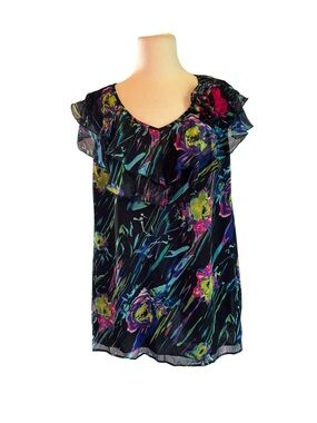 Yvos Floral Ruffle Camisole Tank - Black Multi
